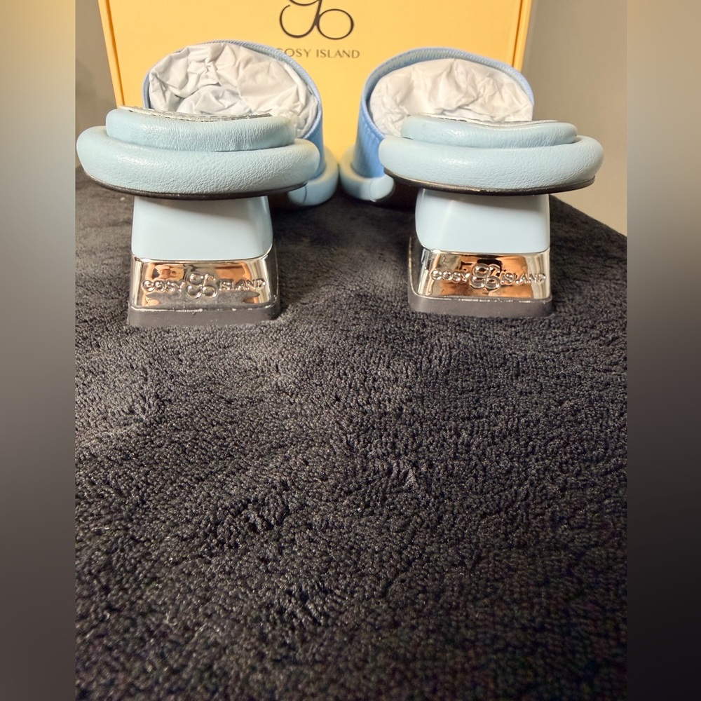 Cosy Island Light Blue Knit Logo Slide Sandals - Picture 5 of 6